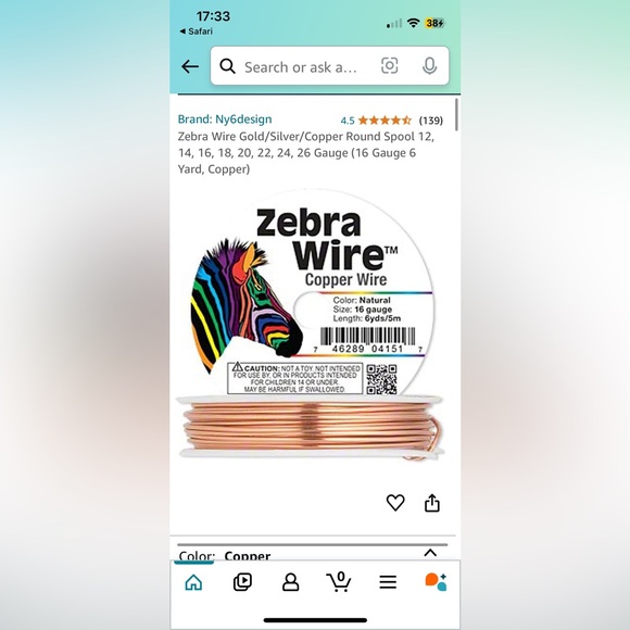 zebra wire Other - Zebra Wire™, Copper Wire
Color: Natural Size: 16 gauge Length: 6yds/5m